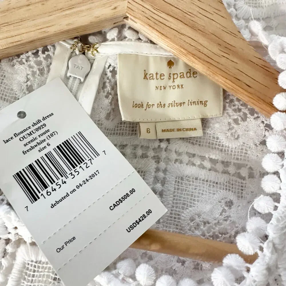 NWT Kate Spade Lace Flounce Shift Dress Crochet | Fresh White | SZ‎ 6